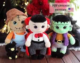 Halloween Häkelanleitung: Vogelscheuche, Frankenstein, Vampir (PDF-Muster)