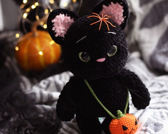 Jouet chat noir, jouet d'halloween pour enfants, décorations d'halloween, cadeaux d'halloween, chat en peluche, chat au crochet, peluche bébé chat