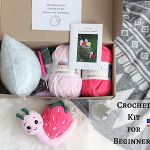 Beginner crochet kit. Crochet kit strawberry snail. How to crochet kit. Craft kit. Learn to crochet.