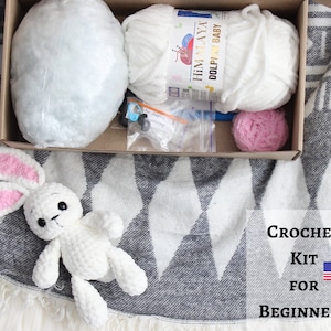Bunny crochet kit. Crochet kit for beginners. Crochet kit beginner. Amigurumi bunny. Gift for mom. Gift for crafter. Adult craft kit.