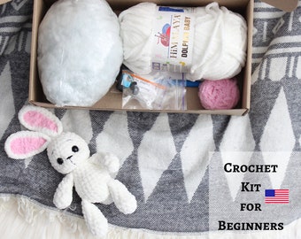 Kit de crochê para iniciantes em coelho, faça você mesmo amigurumi com agulha de crochê, artesanato fácil para presente.