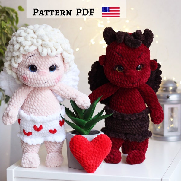 Valentine’s Day Crochet pattern. Crochet Cupid Angel. Crochet devil boy. Angel doll. Doll for Valentine's Day.