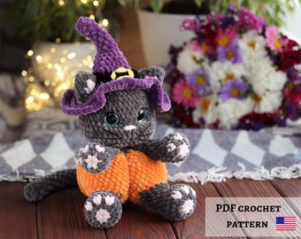 Crochet Cat in Pumpkin Pattern, Amigurumi Halloween PDF, Fall Decor, DIY Plush Toy Tutorial