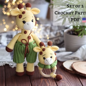 Set of 2 crochet patterns. Crochet giraffe toy pattern. Crochet giraffe baby rattle. Amigurumi toy. Safari crochet toy.