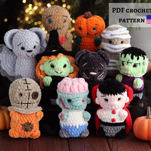 May include: A collection of ten small, plush, crocheted Halloween-themed figures including a bat, pumpkin, mummy, witch, black cat, Frankenstein's monster, scarecrow, zombie, and vampire. The text PDF CROCHET PATTERN is visible in the corner.