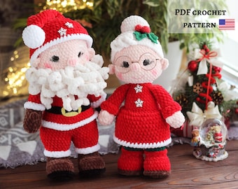 Patrón de muñecos de ganchillo 2 en 1 para el Sr. y la Sra. Claus, pareja navideña amigurumi, diseño DIY navideño en PDF