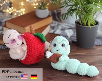 Book worm crochet pattern. Apple worm. Crochet gift for teacher. Book lover gift. Crochet worm pattern.