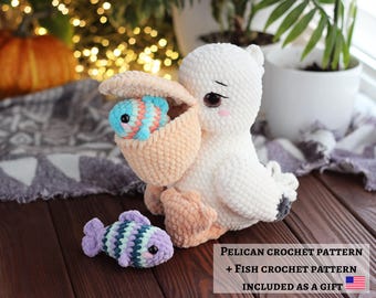 Pelican Crochet Pattern + GIFT Fish crochet pattern,  Amigurumi Bird with Fish, Coastal Animal Tutorial Gift