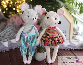 Paquete de patrones de ratón a crochet, ratón amigurumi niño/niña en PDF, tutorial de muñeco ratón, juguete de crochet