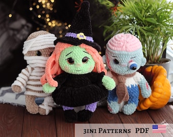 Conjunto de 3 patrones. Muñeca de Halloween tejida a crochet. Bruja tejida a crochet. Muñeca zombi. Patrón de momia tejida a crochet. Temporada espeluznante