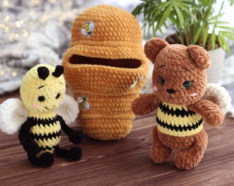 3in1かぎ針編みパターン。ハチミツ入りクマ、ミツバチ、蜂の巣ホース