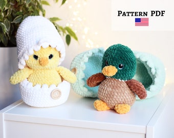 Crochet chicken and mallard duck in egg pattern, DIY tutorial,  Cute mallard duck toy, Stuffed animal pattern, amigurumi chicken