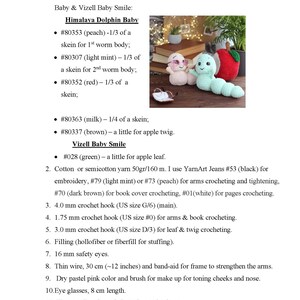 May include: A list of materials and tools needed to crochet a baby doll and a worm. The list includes yarn, crochet hooks, safety eyes, and wire. The image also shows a crocheted baby doll and a worm.