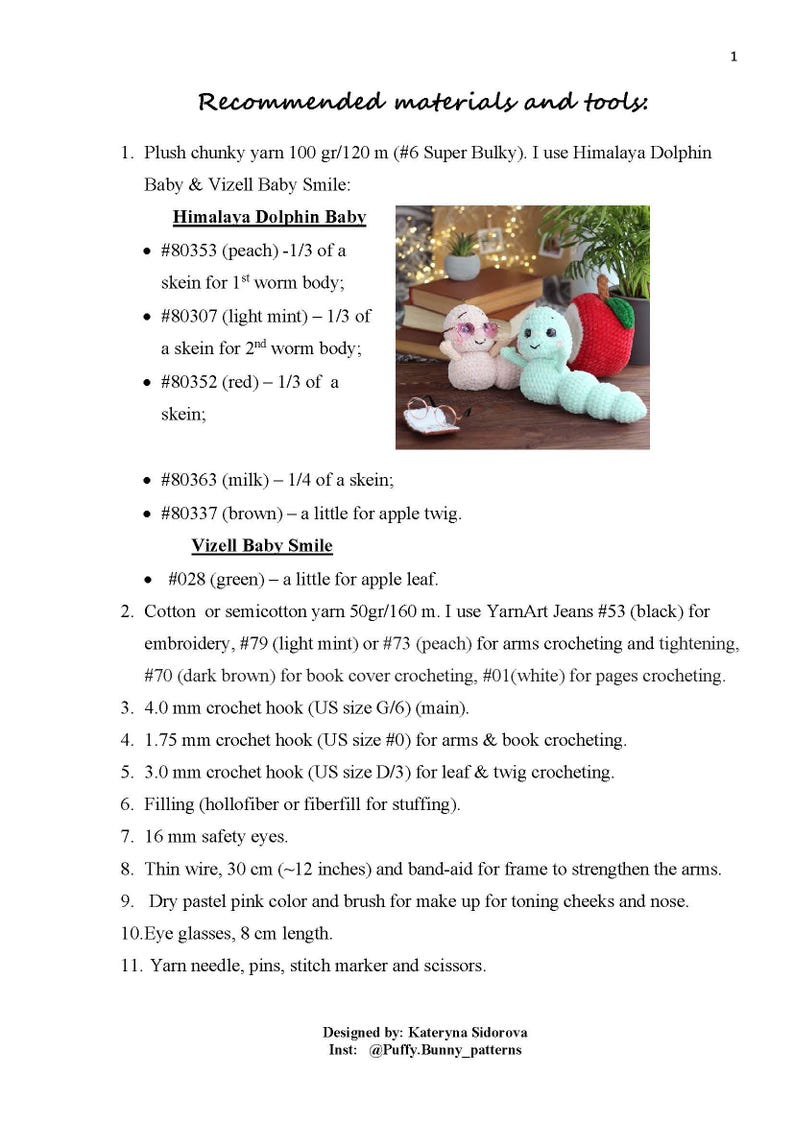 May include: A list of materials and tools needed to crochet a baby doll and a worm. The list includes yarn, crochet hooks, safety eyes, and wire. The image also shows a crocheted baby doll and a worm.