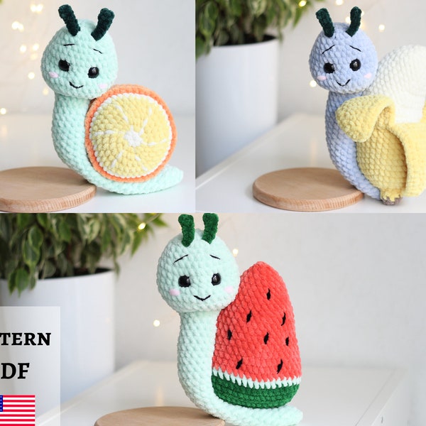 Crochet snail pattern, crochet plushie snail, DIY stuffed snail, crochet plush, kawaii snail