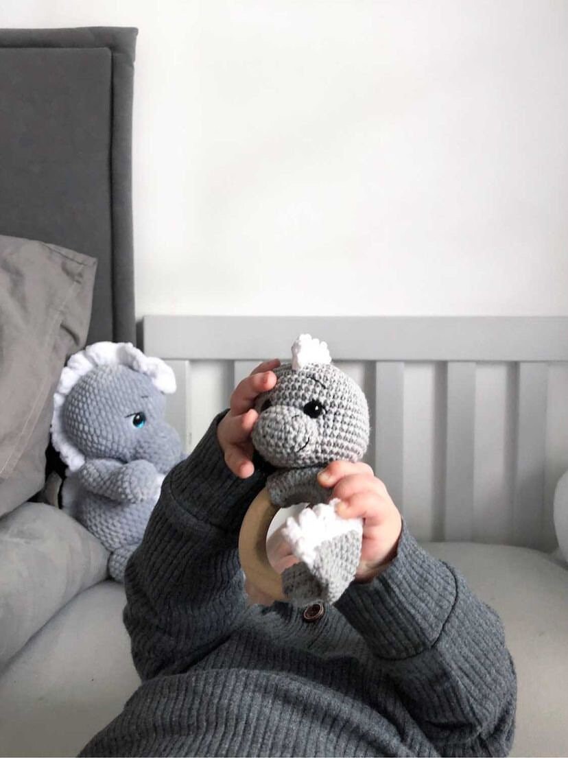 Handmade Crochet Newborn Dino Rattle & Booties Gift Set – Baby Shower Gift