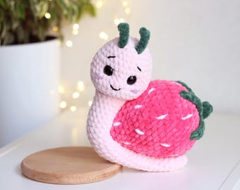 Strawberry plush snail, crochet fruity snail toy, funny gift, kawaii snail