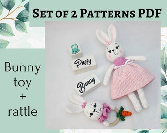 Set of 2 crochet amigurumi pattern,  Crochet stuffed bunny in dress toy, Crochet bunny rattle,  cute crochet pattern