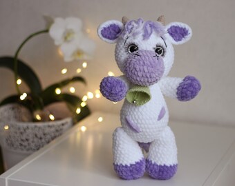 Crochet Plush Cow: Stuffed Purple Farm Animal Toy