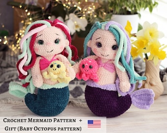 Crochet mermaid pattern with gift pattern for mini octopus, crochet mermaid doll, easy crochet pattern, PDF tutorial