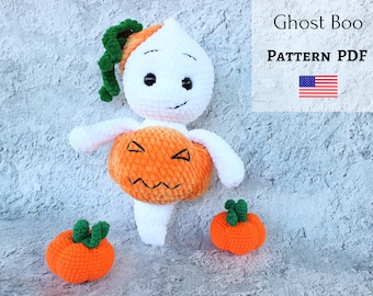 Patrón de fantasma de crochet, fantasma con calabaza, crochet de Halloween, amigurumi de Halloween, fantasma de peluche, juguete fantasma de Halloween, fantasma lindo