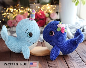 2in1 Crochet Pattern PDF – Whale & Narwhal Amigurumi, Sea Creatures Crochet Tutorial, Easy Plush Whale Pattern for Beginners
