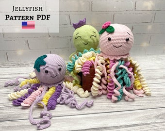 Crochet jellyfish pattern, amigurumi jellyfish rattle, stuffed octopus toy, crochet pattern