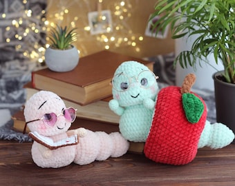 Apple worm plush, Book worm gift, Gift for book lover, Gift for teacher