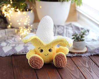 Virkad plyschbananleksak: Handgjord kawaii amigurumi