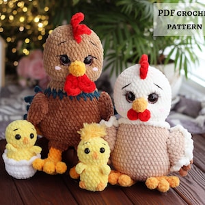 May include: A collection of handmade crochet chicken and chick toys. The larger chickens are brown and white with red combs and yellow beaks. Two yellow chicks are also present, one in a white eggshell. The image includes text that says "PDF Crochet Pattern".