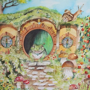 May include: Watercolour painting of a whimsical scene. A frog in a doorway, a snail on the roof, and a tree with red apples. The scene includes mushrooms, flowers, and the text "Frog-End".