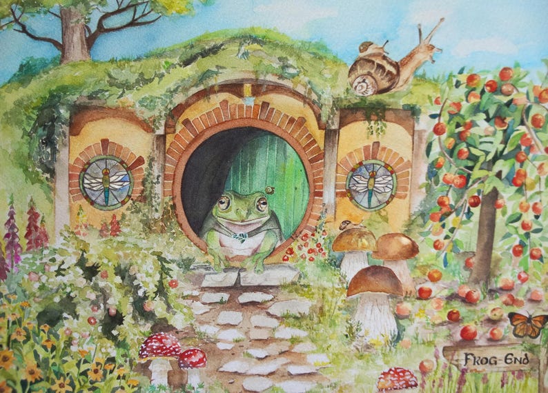 May include: Watercolour painting of a whimsical scene. A frog in a doorway, a snail on the roof, and a tree with red apples. The scene includes mushrooms, flowers, and the text "Frog-End".