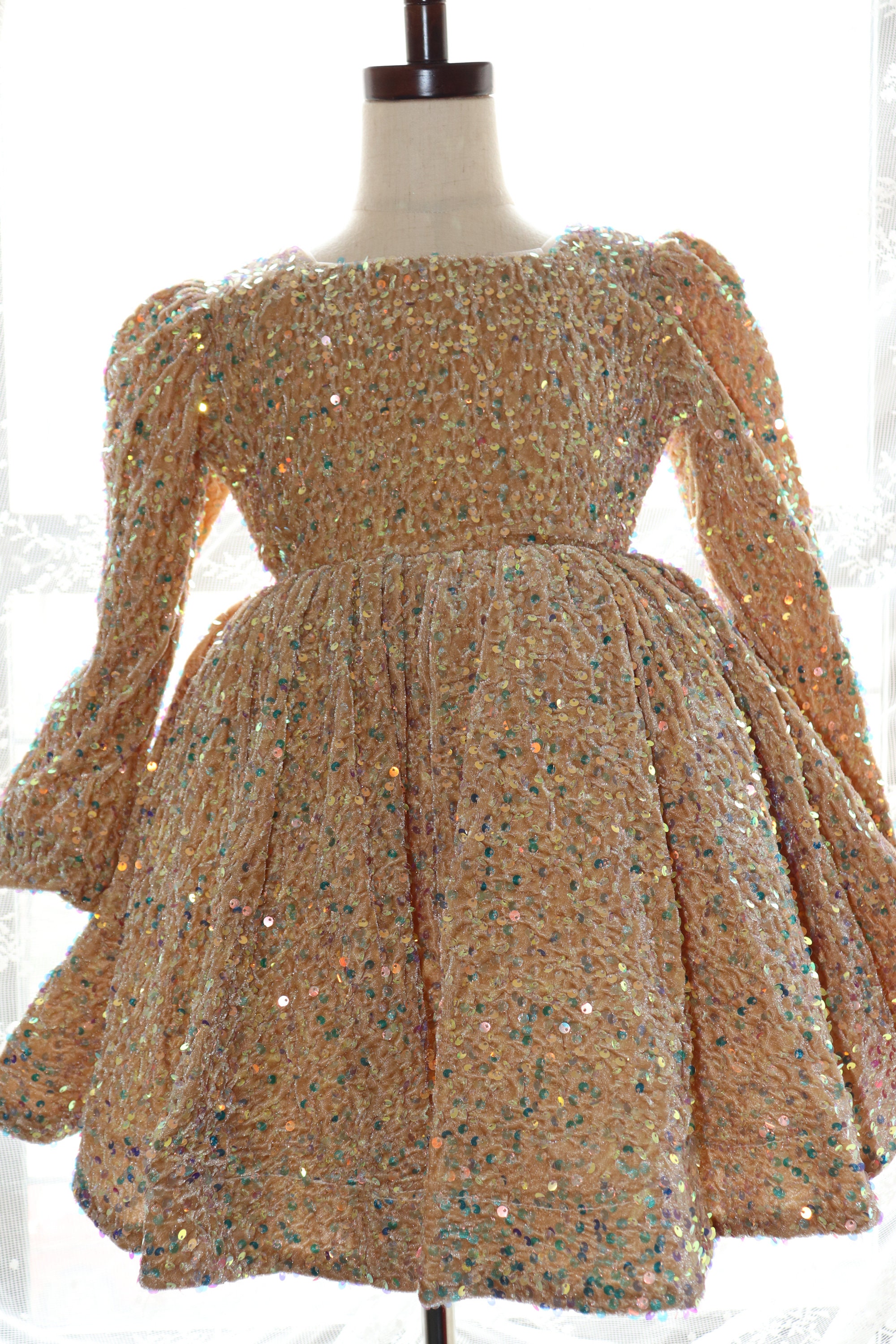 green emerald velvet dress 1930's Black Velvet Puffed Sleeve Gown with Gold Sequin Top  Eveliina  Vintage