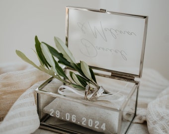 Ringkästchen Silber | Ringbox aus Glas Eckig optional mit Ringkissen Sand| zur Hochzeit personalisiert