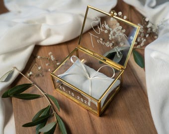 Personalized gold glass ring box with light blue cushion | Vintage ring box for weddings & engagements