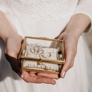 Ring Box Gold with Beige Pillow Glass Ring Box Square personalized for the wedding present image 5