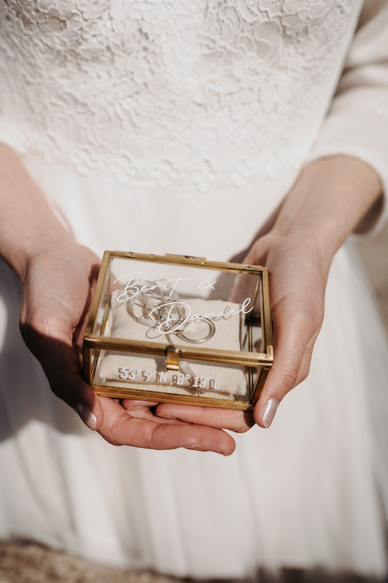 Ring Box Gold with Beige Pillow Glass Ring Box Square personalized for the wedding present image 5