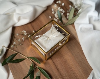 Personalized gold glass ring box with beige cushion | Vintage ring box for weddings & engagements