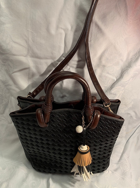 Black Leather Purse with Brown Handle and Removabl