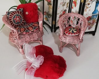 Vintage, Rattan/Wicker Doll House Chair Set, Pearled Blush Pink, 1980's, 1:6 scale, Miniature
