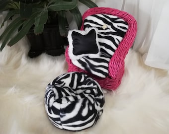 Refinished Hot Pink Rattan Doll Chair with Zebra Pattern Seat Cushion and Pillow, 1970's Vintage style Makeover 1:6 scale