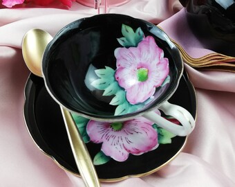 Shafford, Hand Painted Tea Cup and Saucer, Black and Pink with Flowers