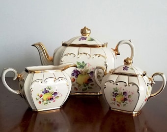 Sadler Teapot, Cream and Sugar Set, Vintage, Set of 3 piece, Apple and Berries Design