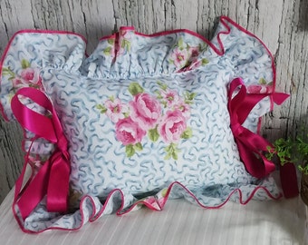 Shabby Chic Ruffled Pillow Sham with pillow, Country Cottage, Baby Blue, Fuchsia Pink, 18 inch Doll Pillow