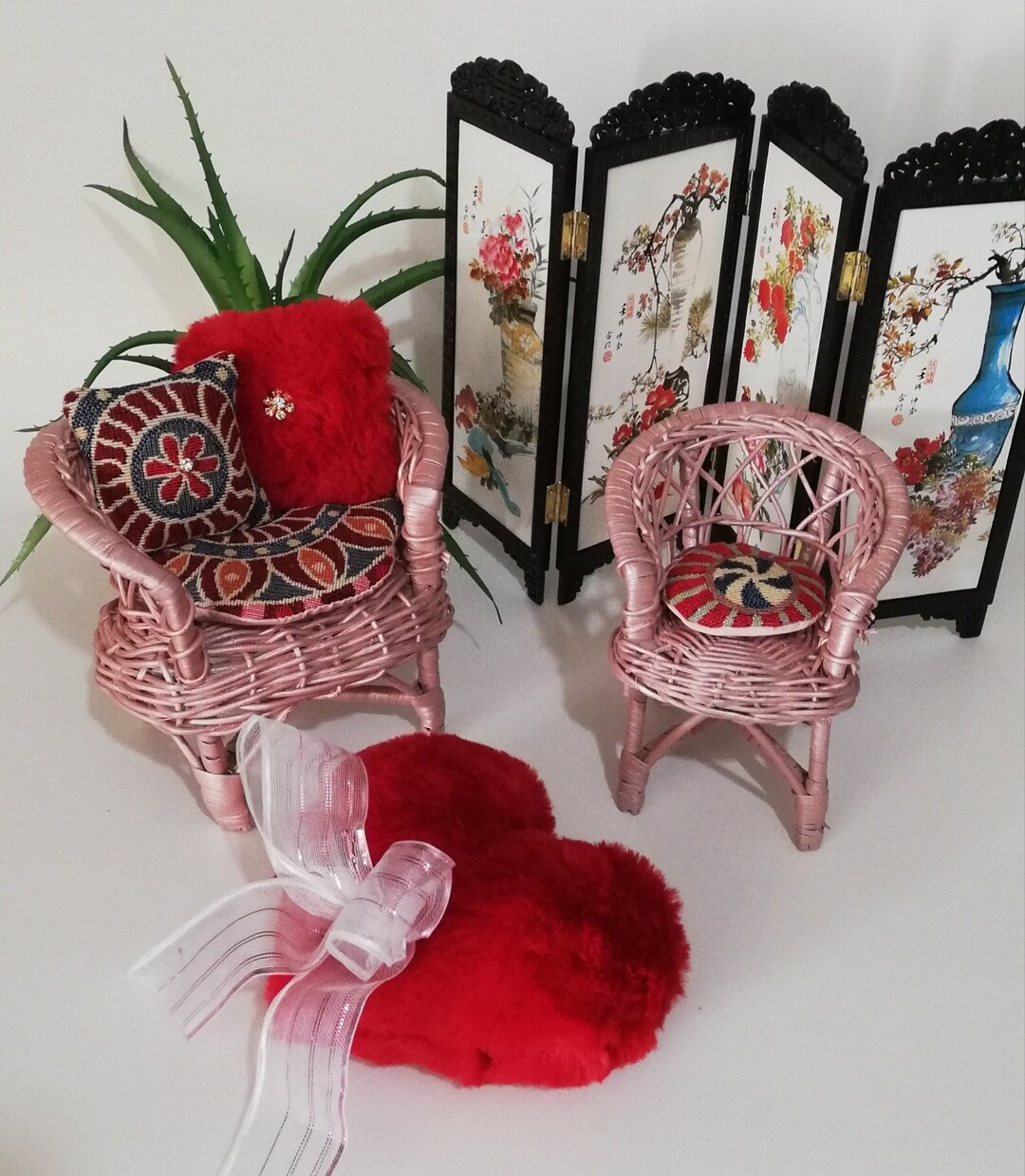 Vintage, Rattan/wicker Doll House Chair Set, Pearled Blush Pink, 1980's