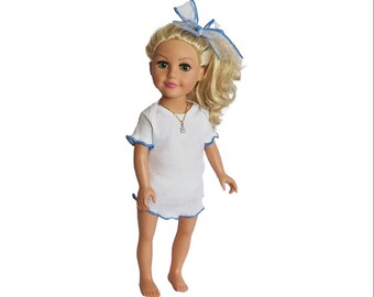 18 inch Doll Lounge Dress, Underwear, Necklace & Hair Ribbon - White and Blue, Baby Doll, Summer Cotton Dress