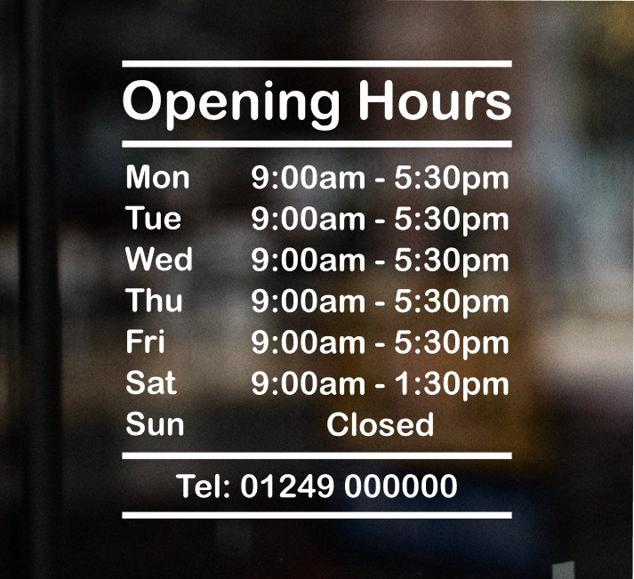 Personalised Shop Opening Hours, Window Door Sticker Customised Times