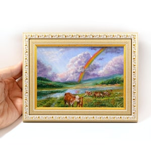 Framed Cow Oil Painting: Rural Landscape with Rainbow, 5x7&quot; Original Art by KuchmiyArt