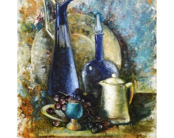 Blue Still Life Oil Painting: Framed Kitchen Impressionism 20" x 16" Art by KuchmiyArt