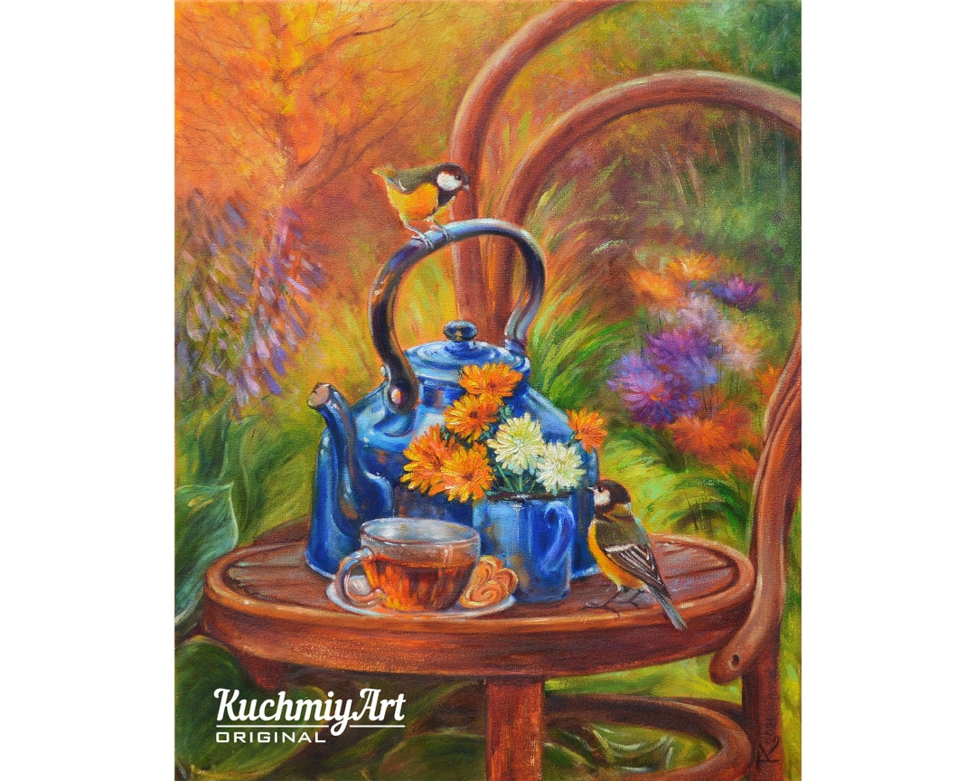 Blue Tea Pot Painting Original Artwork Chickadee Bird Art Etsy